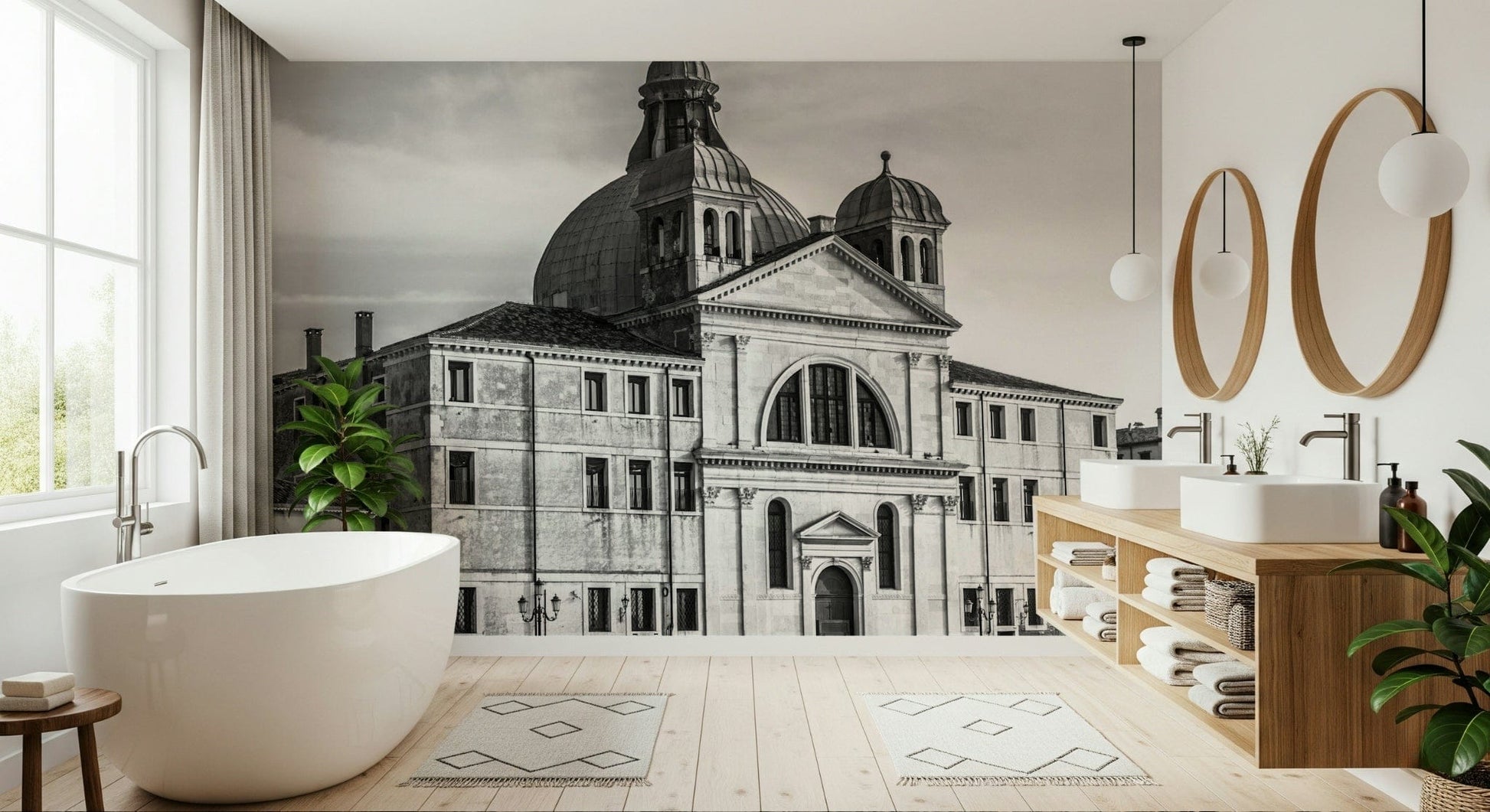 Venice Cityscape wallpaper mural of a grey Venice church behind a white freestanding tub with twin wood mirrors