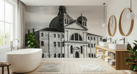 Venice Cityscape wallpaper mural of a grey Venice church behind a white freestanding tub with twin wood mirrors