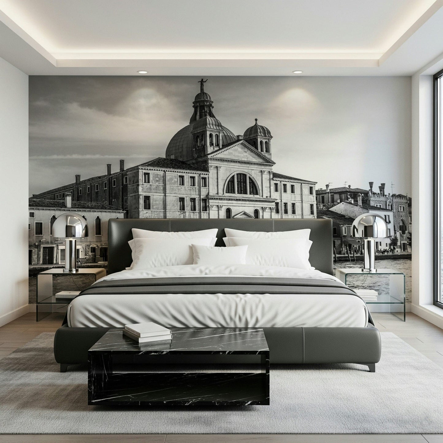Venice Cityscape wallpaper mural of a black and white Venice church behind a dark grey leather bed with white bedding