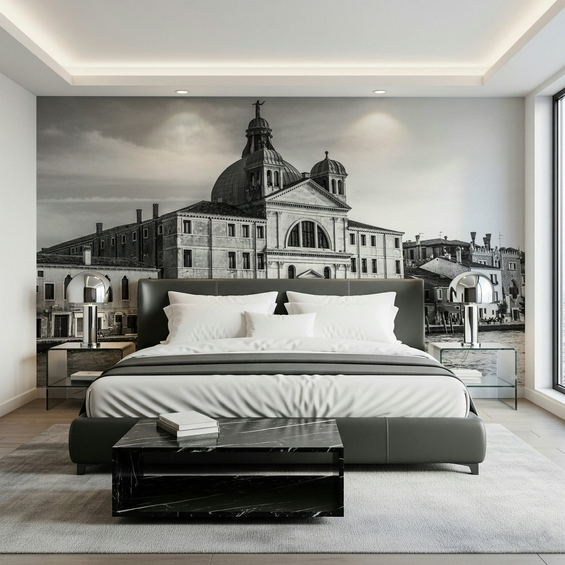 Venice Cityscape wallpaper mural of a black and white Venice church behind a dark grey leather bed with white bedding