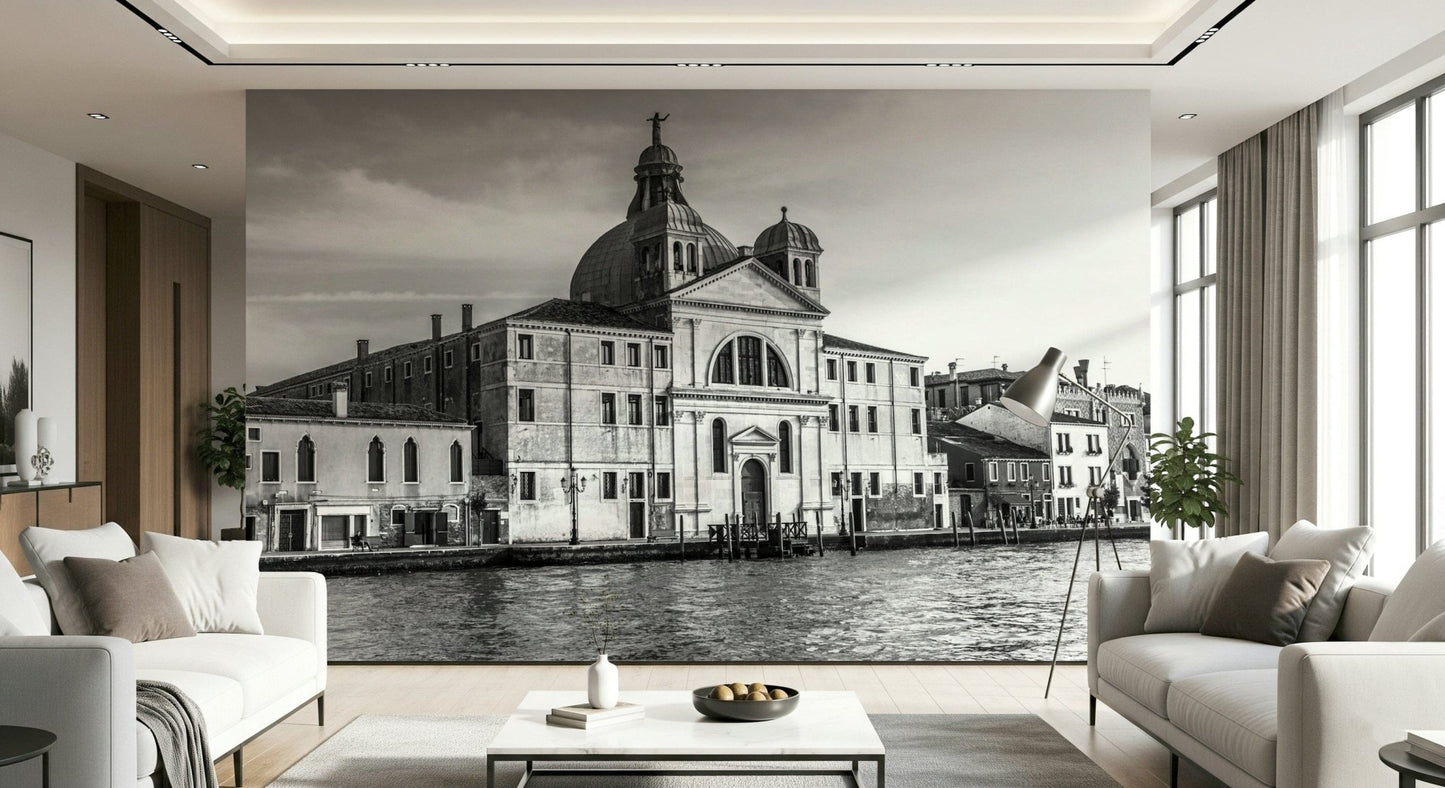 Venice Cityscape wallpaper mural of a grey Venice church across the water between two facing cream sofas and plants