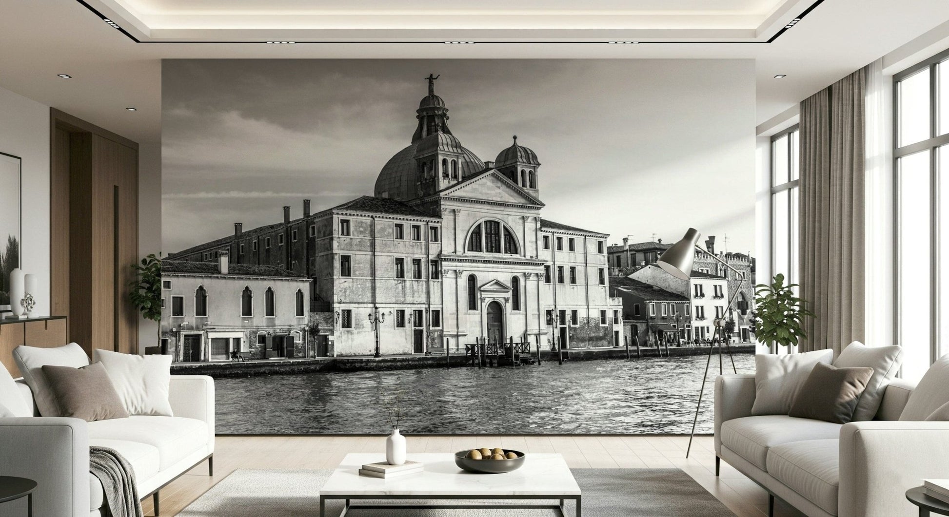 Venice Cityscape wallpaper mural of a grey Venice church across the water between two facing cream sofas and plants