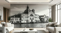Venice Cityscape wallpaper mural of a grey Venice church across the water between two facing cream sofas and plants