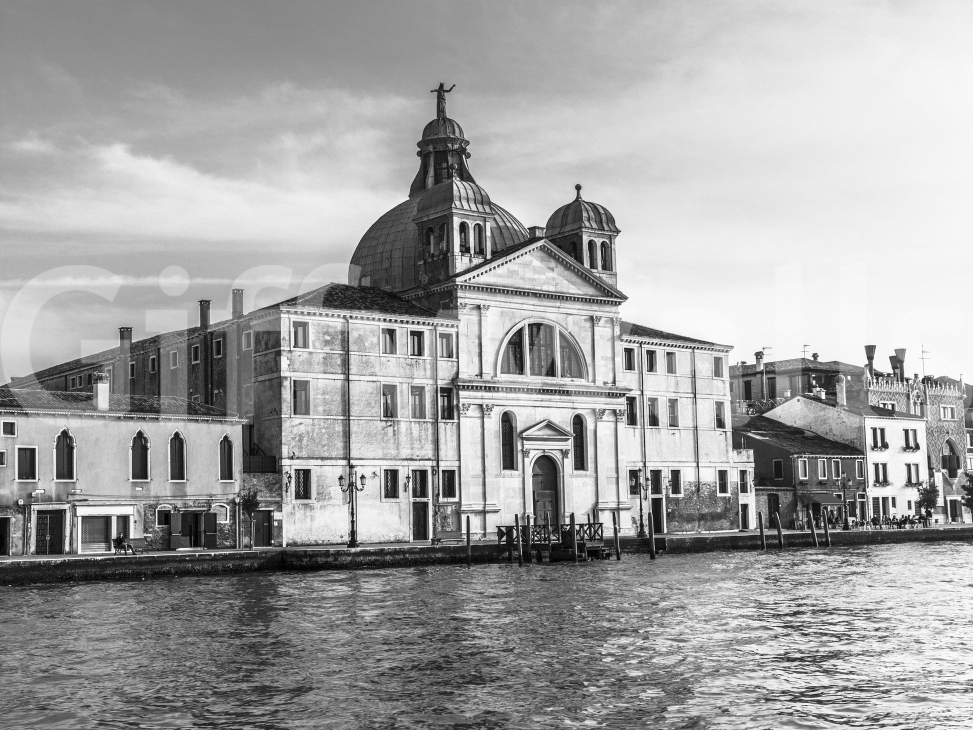 Venice Cityscape wallpaper mural shown as a full-wall black and white scene of a domed Venice church across the canal