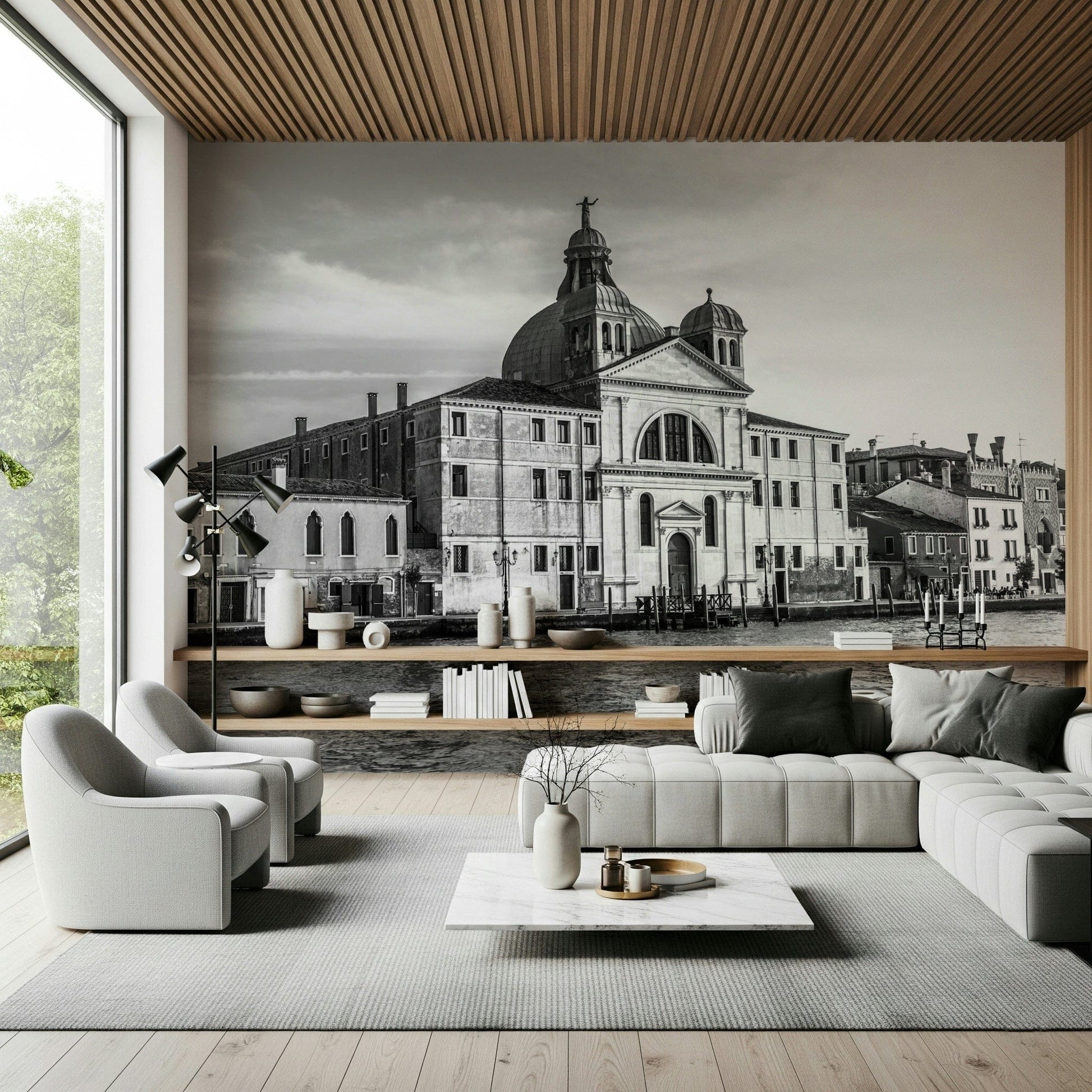 Venice Cityscape wallpaper mural of a grey domed church behind a grey sofa under a wood slat ceiling living room