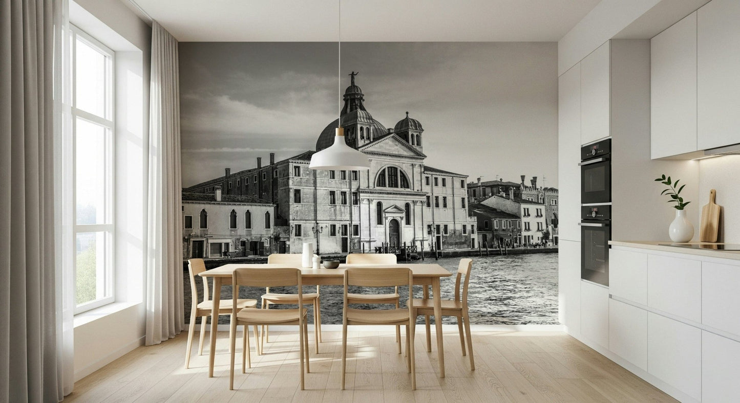 Venice Cityscape wallpaper mural of a black and white Venice church in a kitchen with wood dining table and chairs