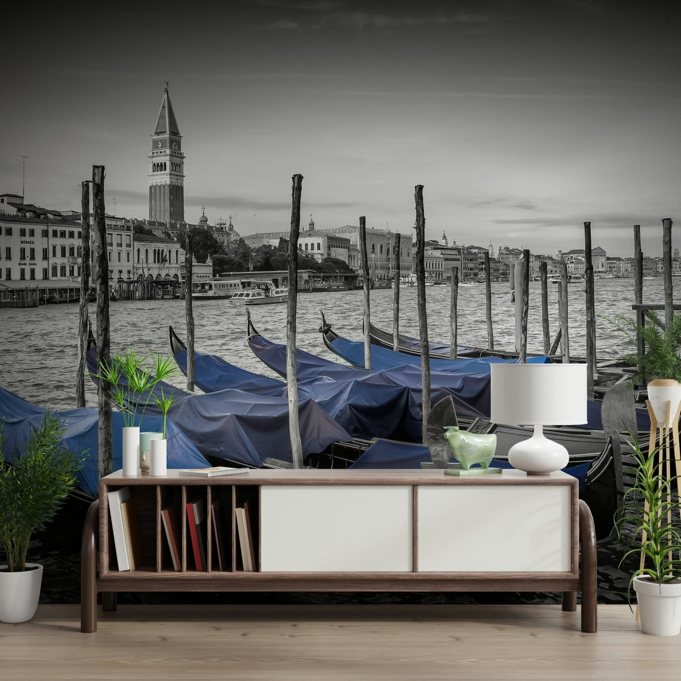 Venice canal mural in modern living room, blue water, city skyline feature wall
