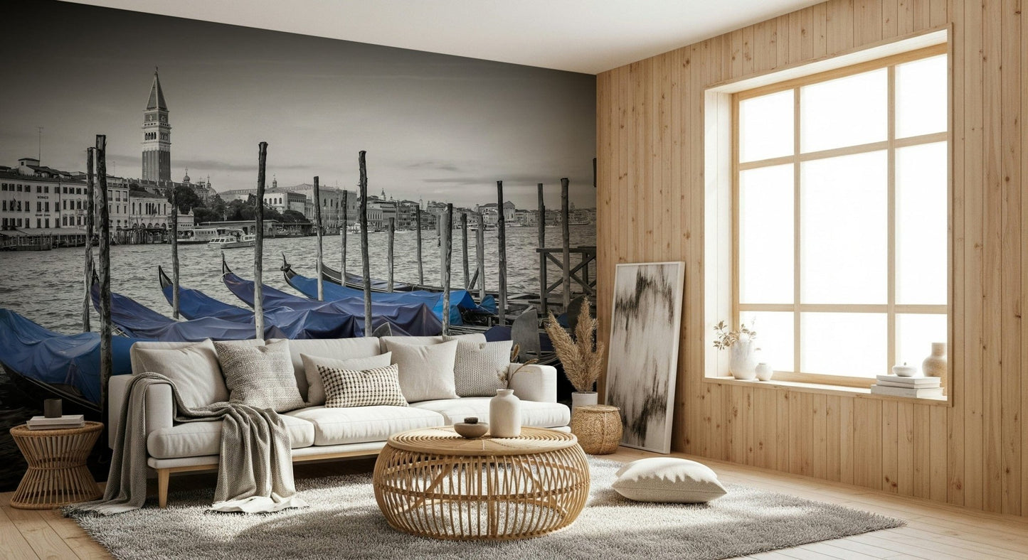 Venice wallpaper mural in study, refined city architecture with gentle colour palette