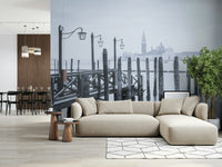 Historic wallpaper for walls, lagoon vista, wooden support posts, subtle texture, Venetian Stillness.