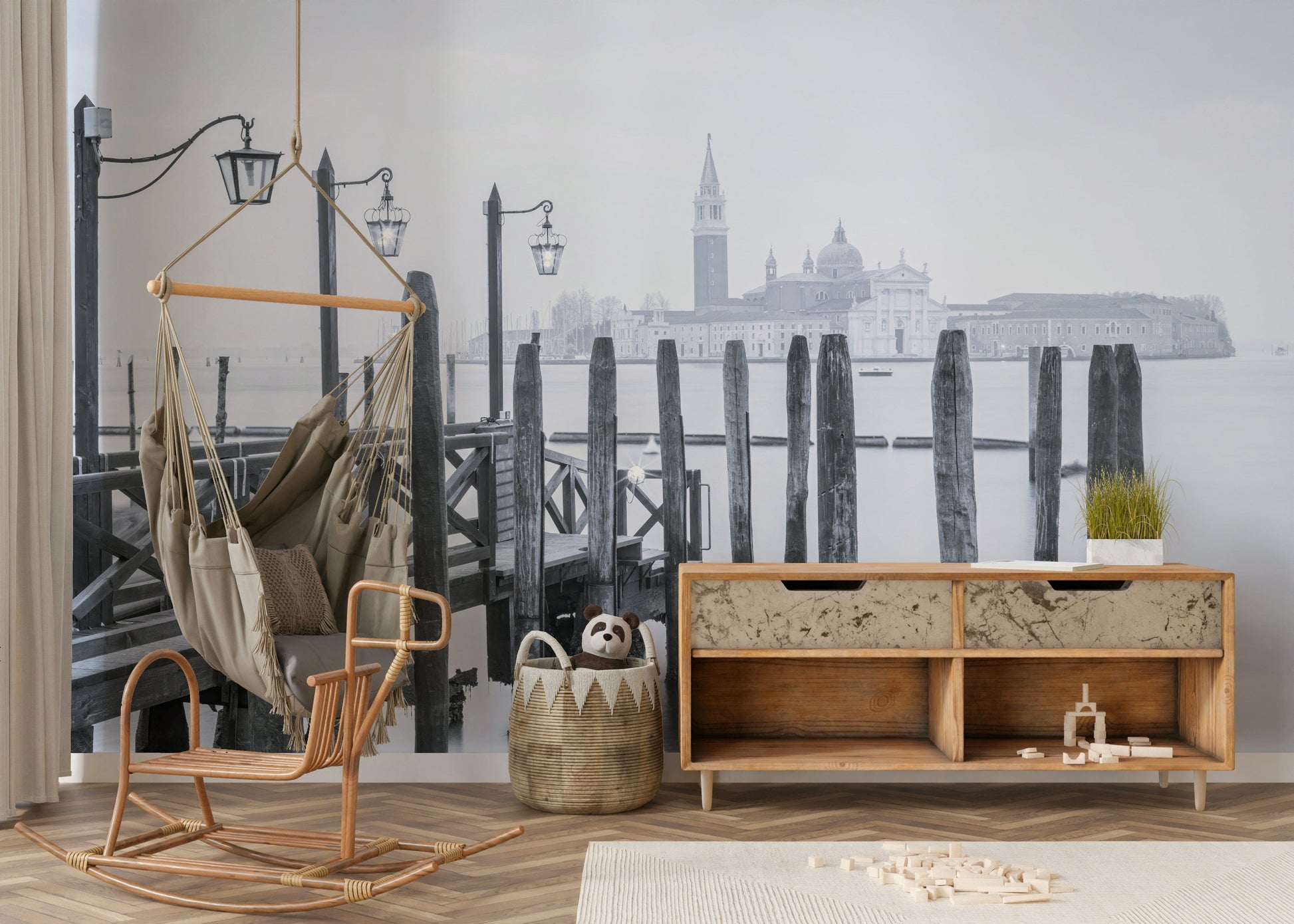 Venetian Stillness scenic wallpaper, quiet water, classic lanterns, artistic covering.