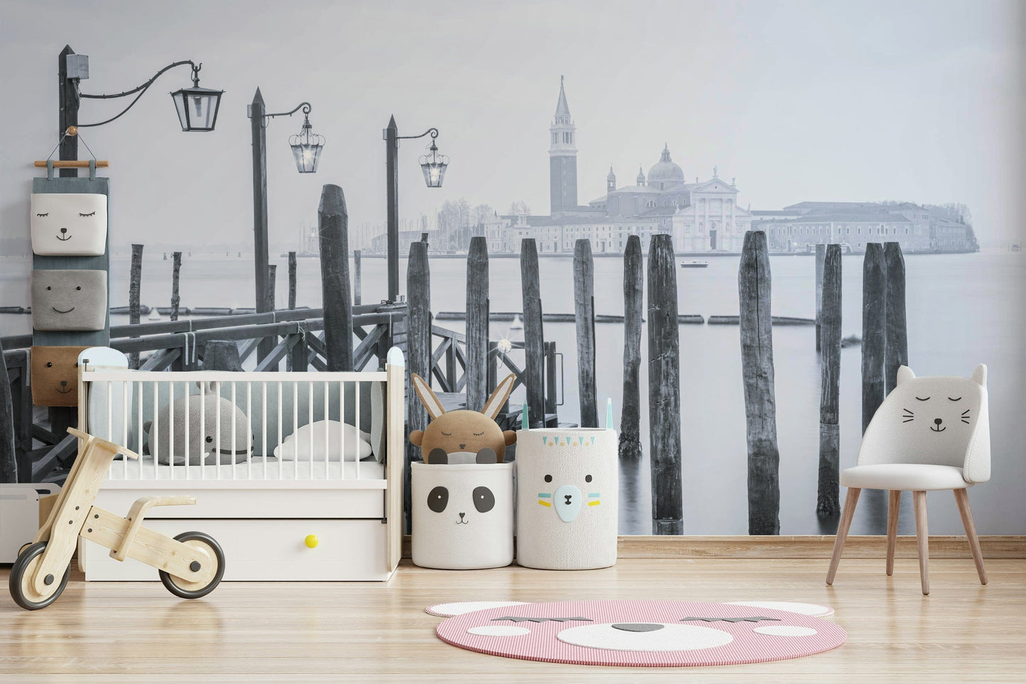 Monochromatic wall mural, ancient wooden pier, hazy city skyline, Venetian Stillness.