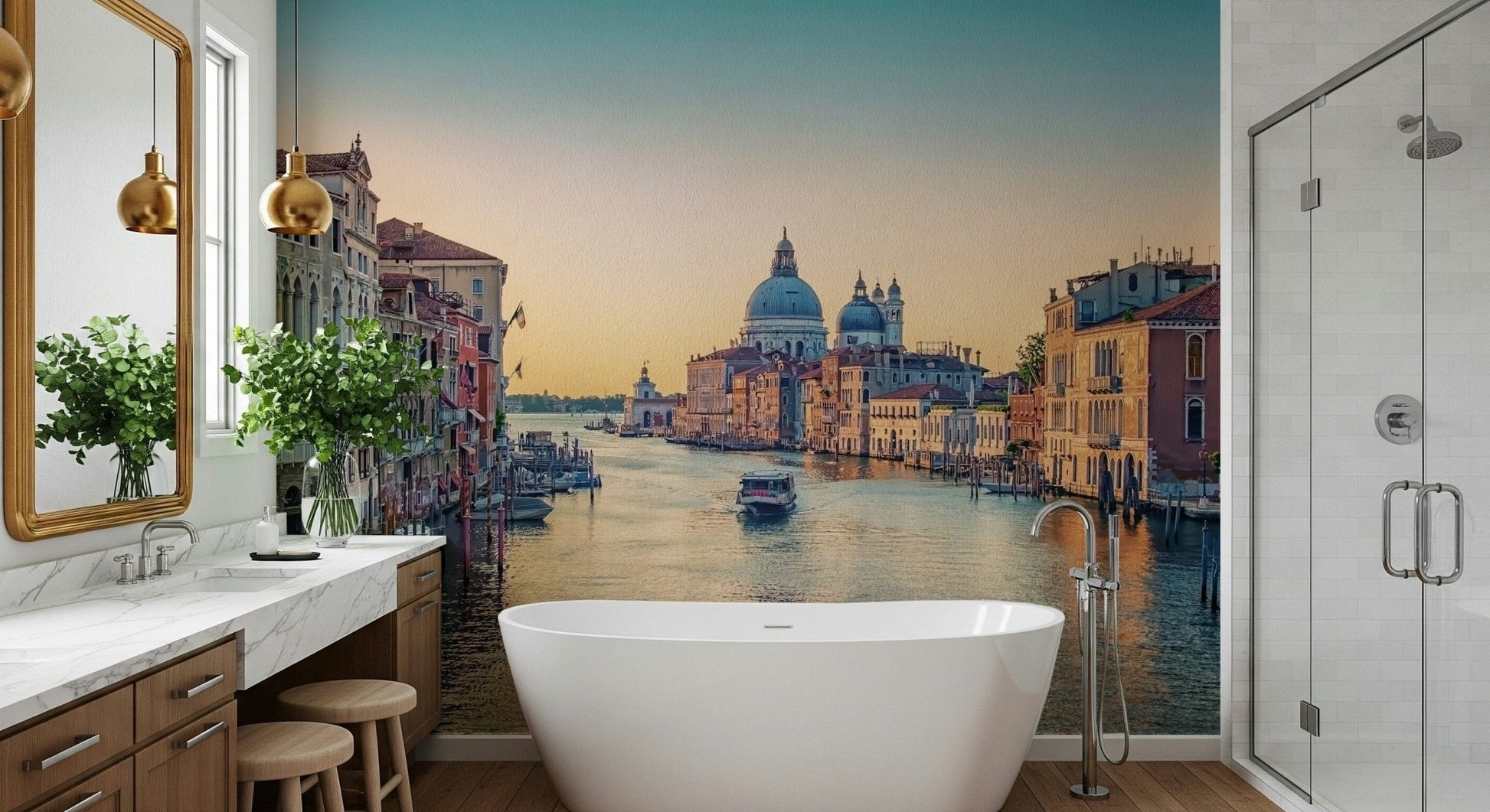 Sunset glow over Santa Maria Venice Serenade mural.