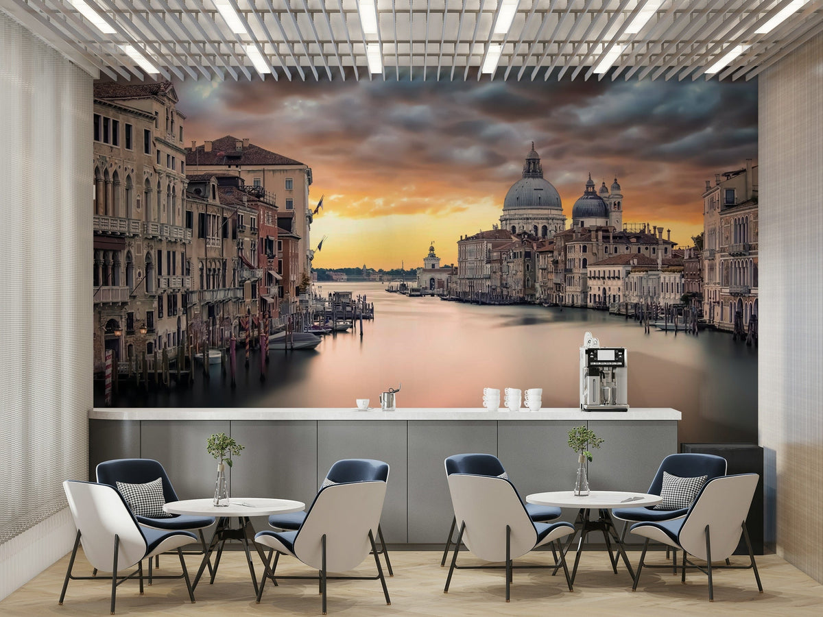 Grand Canal Sunset wallpaper mural of a domed basilica in a cafe with a coffee counter and blue chairs