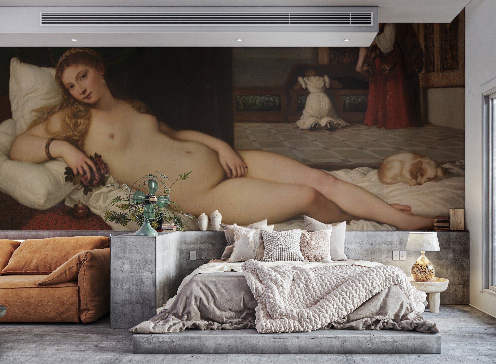 Renaissance mural with Titian's Venus of Urbino iconic design.
