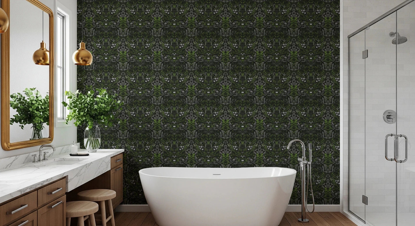 Verdant Damask Jungle Tapestry style Green Forest Wallpaper⁠