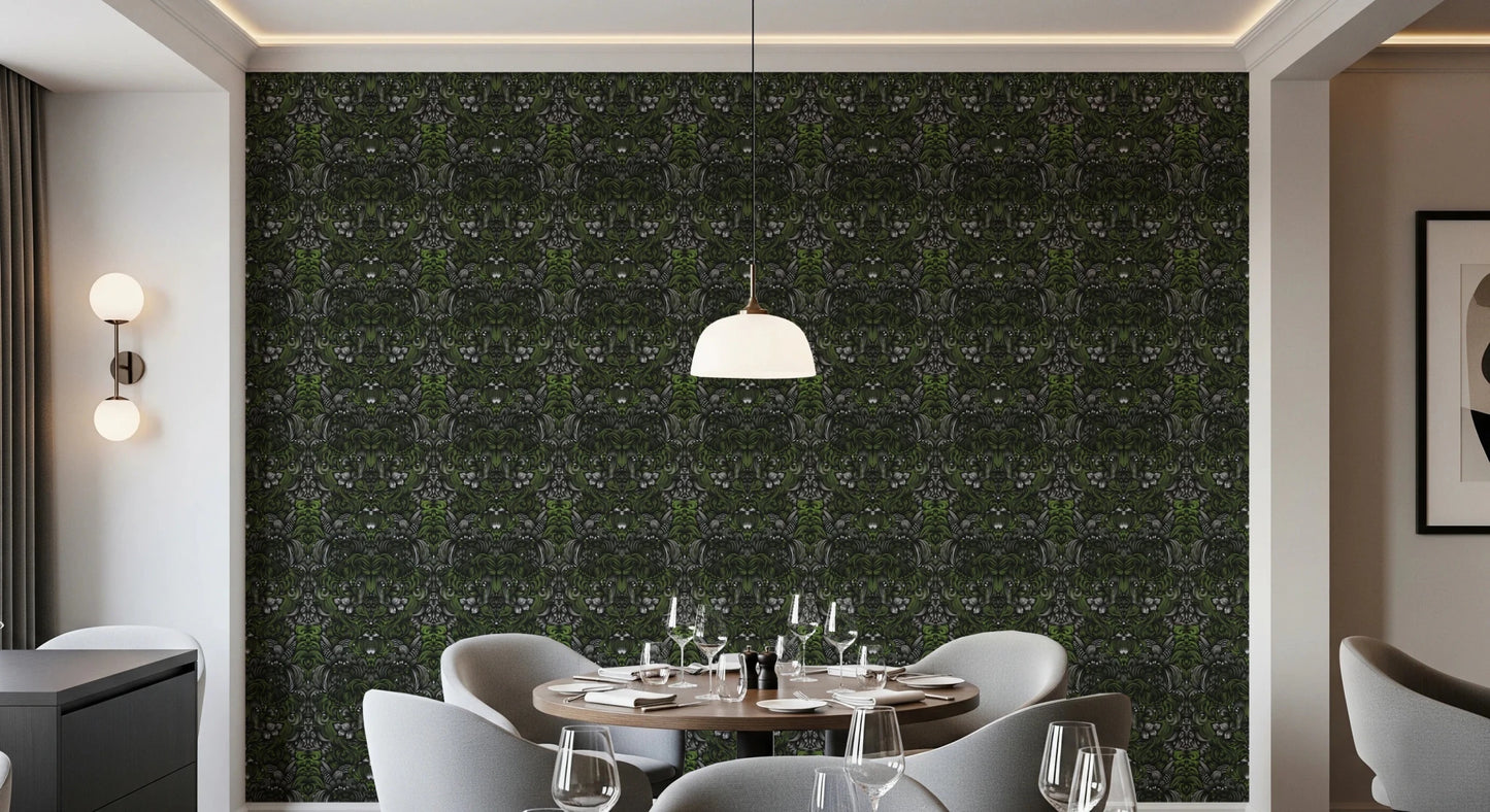 Verdant Damask Jungle Tapestry style Green Forest Wallpaper⁠