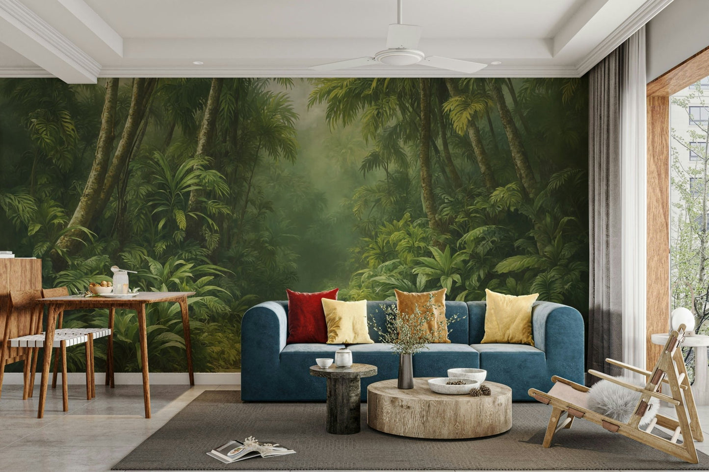 The image shows a full wall with tall trees and lush foliage.

