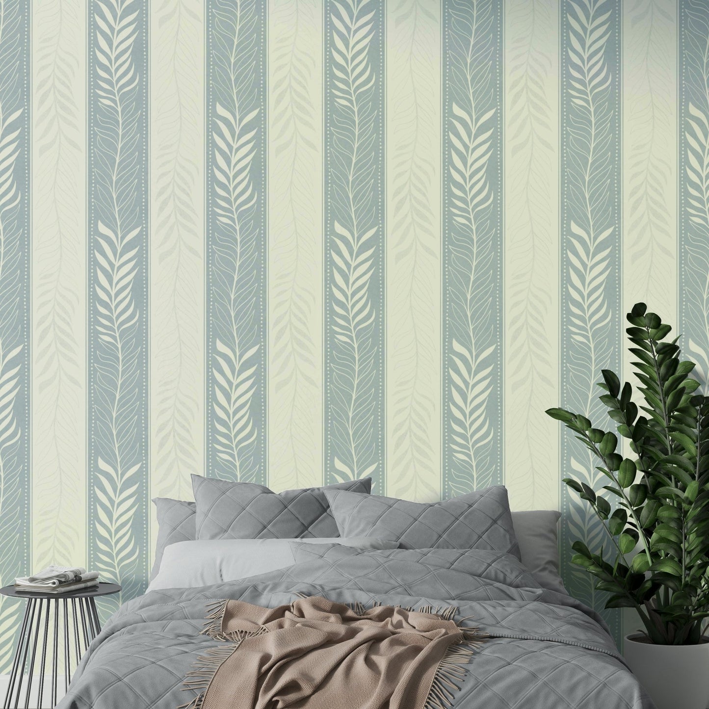 Detailed vertical foliage wallpaper creating a soothing ambiance

