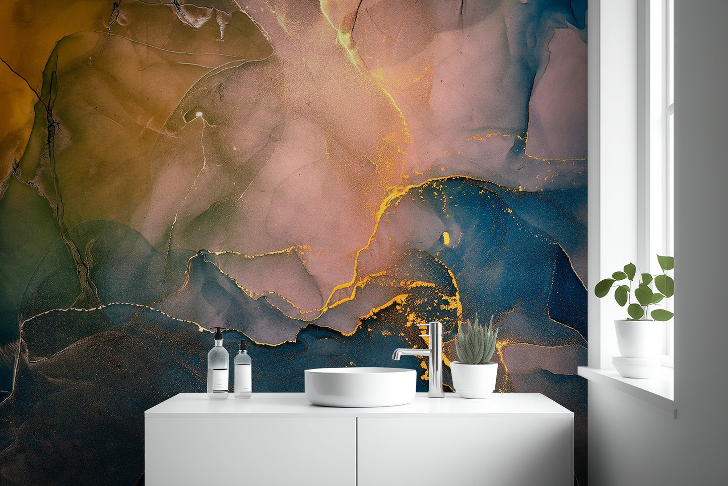 Radiant blue and orange wall mural for a luxury contemporary backdrop.