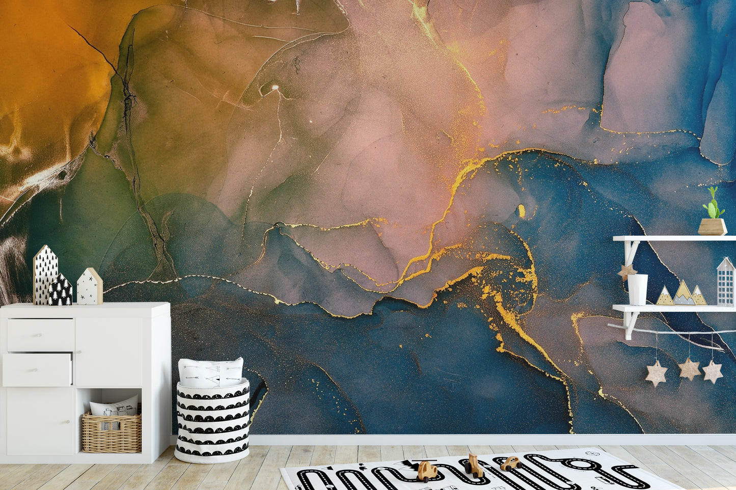 Alcohol Ink Medley wallpaper mural shown as a full feature wall that highlights the design