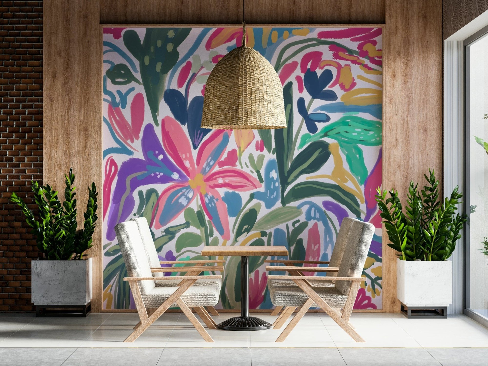 Vibrant Bloomscape wallpaper mural with pink and purple painted flowers behind two cream chairs and a bistro table