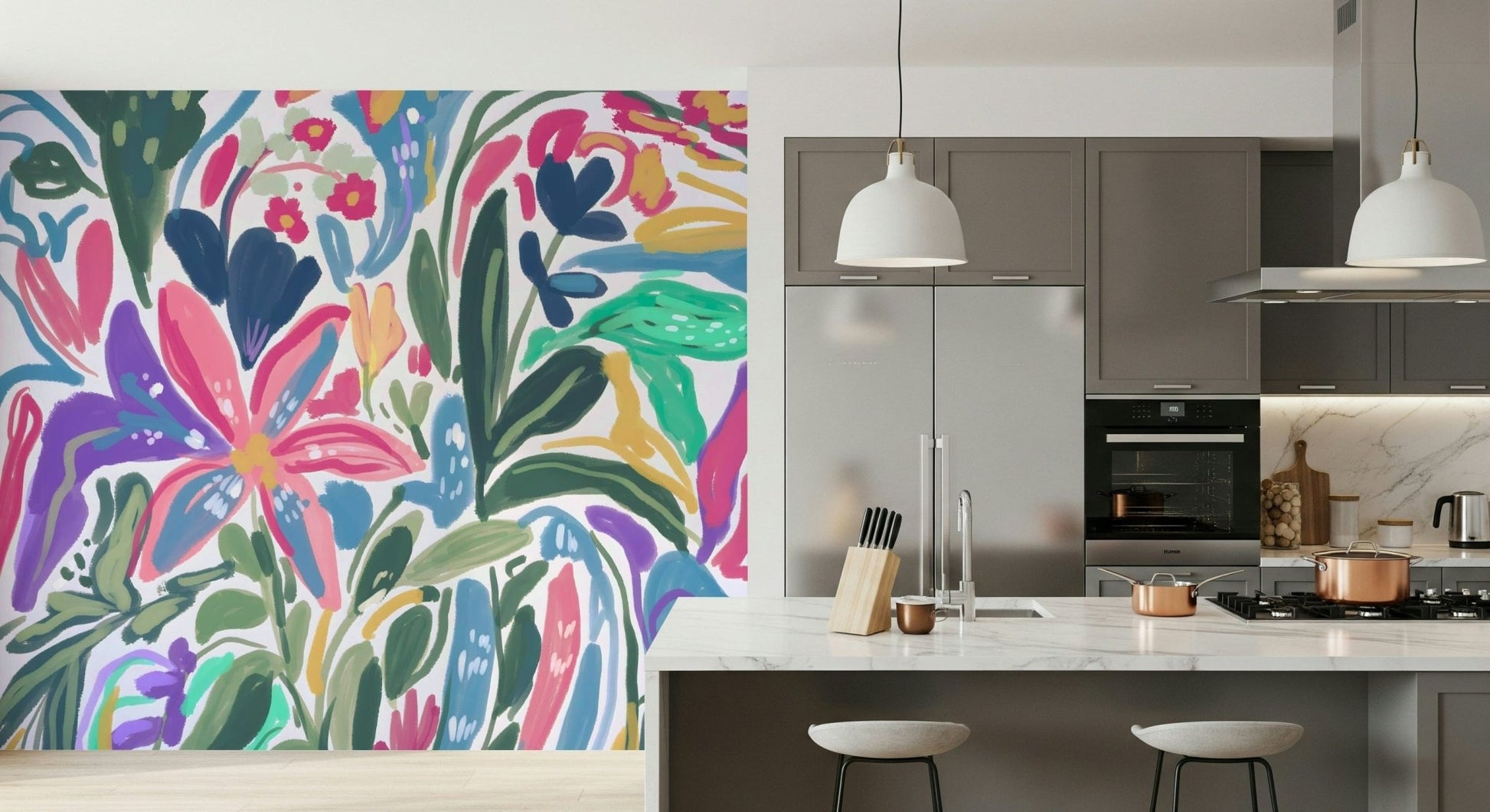 Colorful Bloom Wall Mural – Eye-catching floral design with bold reds, pinks, yellows, and greens for statement walls.
