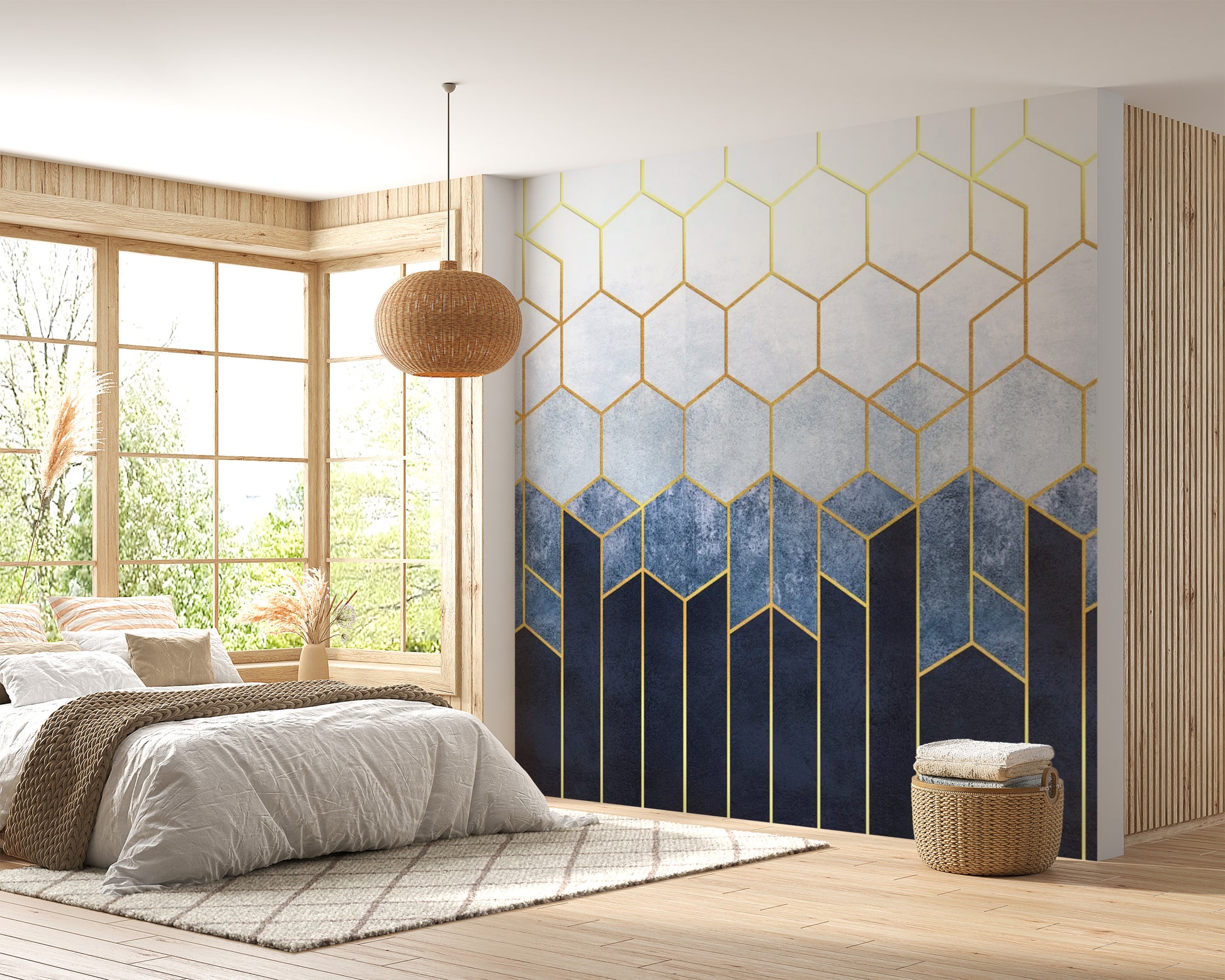 Blue & Gold Hexagonal Pattern Geometric wallpaper Murals - Giffywalls
