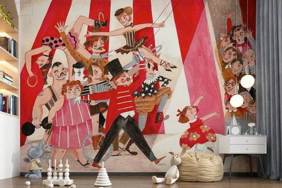 Circus Parade wallpaper mural of a red ringmaster and clowns in a kids room with stacking toys and plush animals
