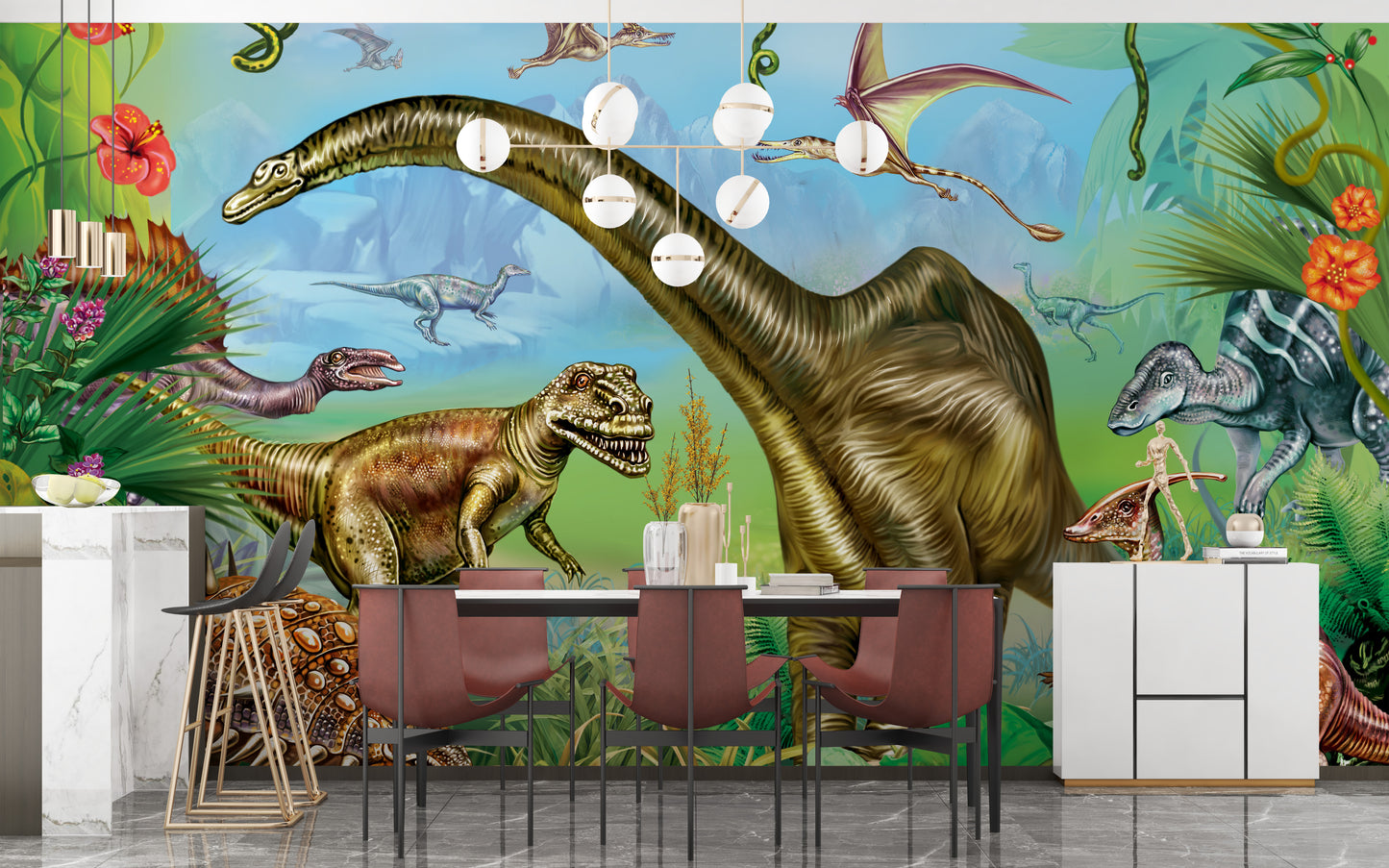 Vibrant colored Dinosaur World wallpaper mural styled along a hallway feature wall near a console in green tones
