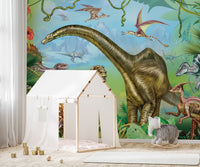 Vibrant colored Dinosaur World wallpaper mural as a feature wall in a home office workspace in green tones