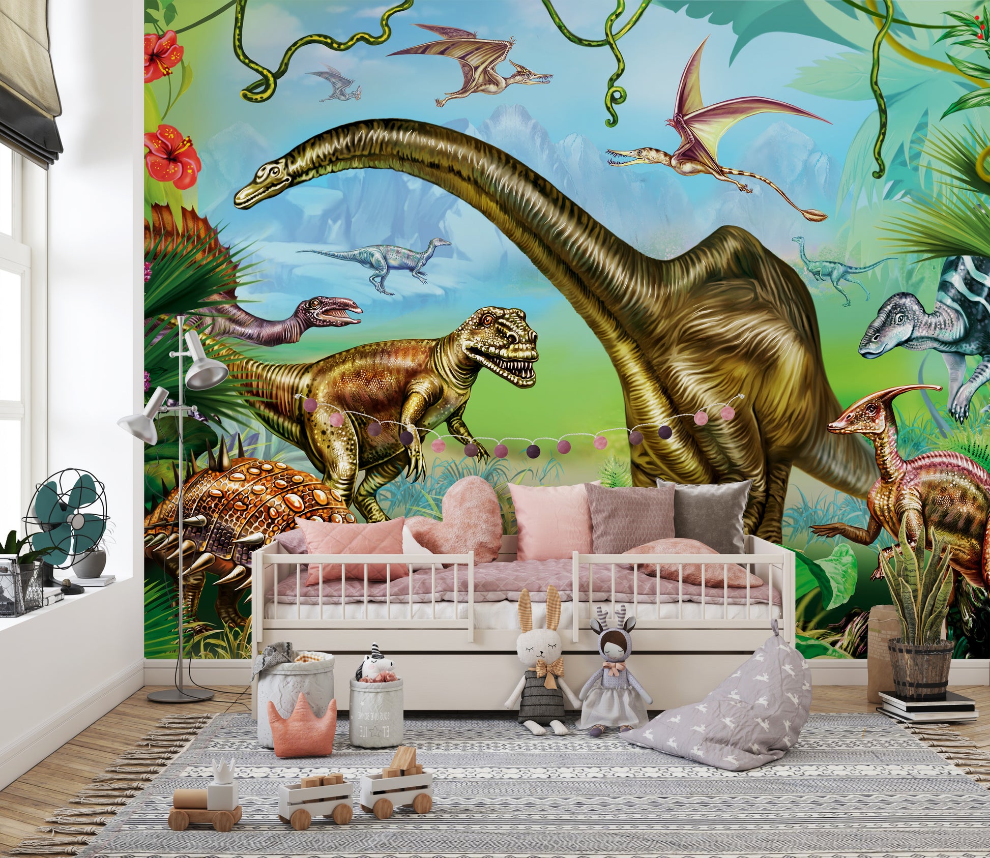 Vibrant colored Dinosaur World wallpaper mural styled as a feature wall behind a dining table and chairs in green tones