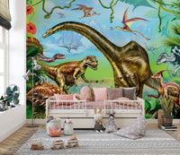 Vibrant colored Dinosaur World wallpaper mural styled as a feature wall behind a dining table and chairs in green tones