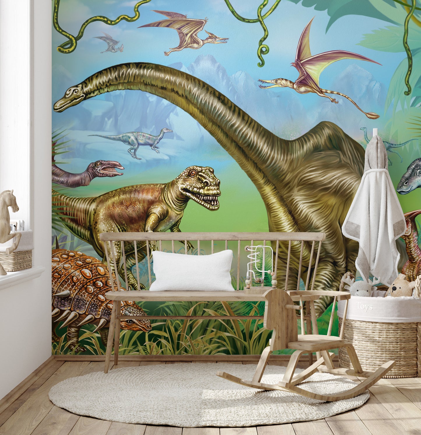 Vibrant colored Dinosaur World wallpaper mural as a bedroom feature wall behind the headboard in green tones