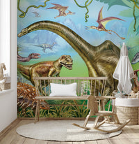 Vibrant colored Dinosaur World wallpaper mural as a bedroom feature wall behind the headboard in green tones