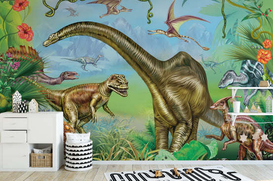 Vibrant colored Dinosaur World wallpaper mural shown as a full feature wall that highlights the design