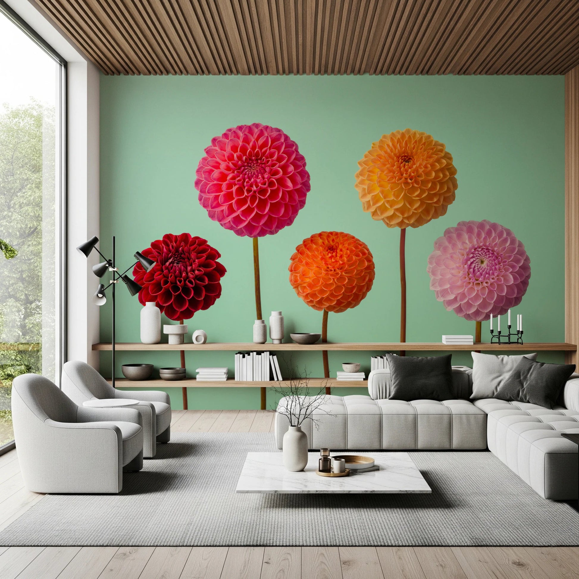 High-definition print of the Vibrant Dahlias office Wall Mural design.