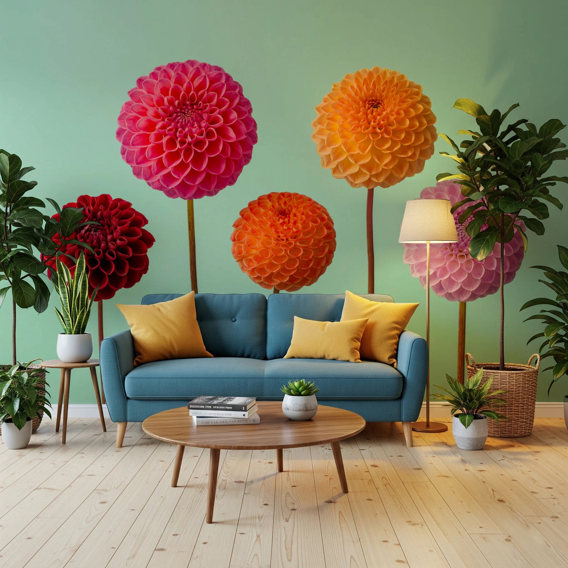 A Vibrant Dahlias Wall Mural displaying five distinct floral spheres.