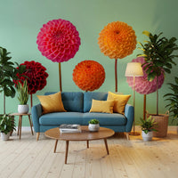 A Vibrant Dahlias Wall Mural displaying five distinct floral spheres.