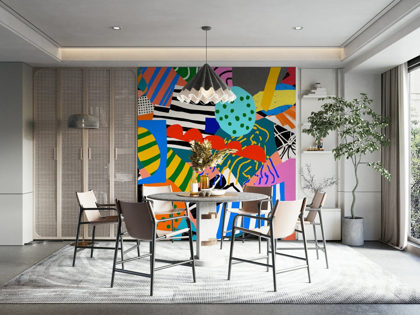 A beautiful modern art wall mural of flowing shapes.

