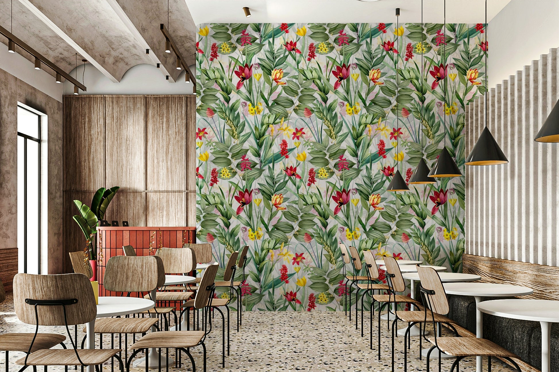 Lively floral wallpaper with bright blossoms and rich green leaves

