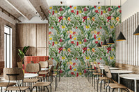 Lively floral wallpaper with bright blossoms and rich green leaves

