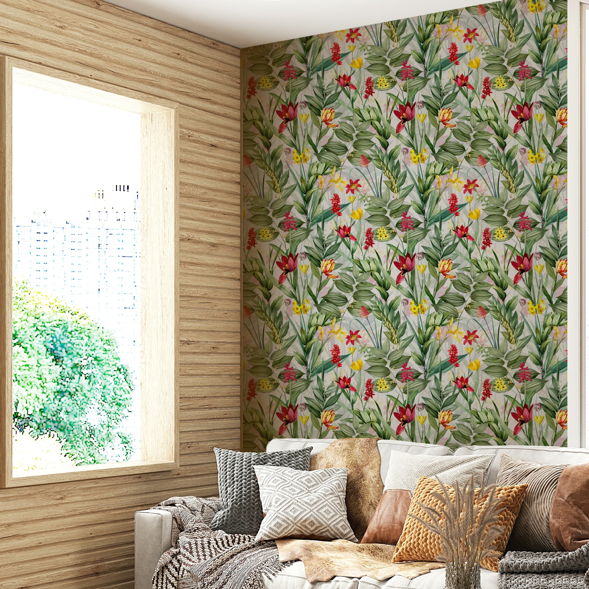 Bright flowers in red, pink, yellow, and purple on wallpaper for walls


