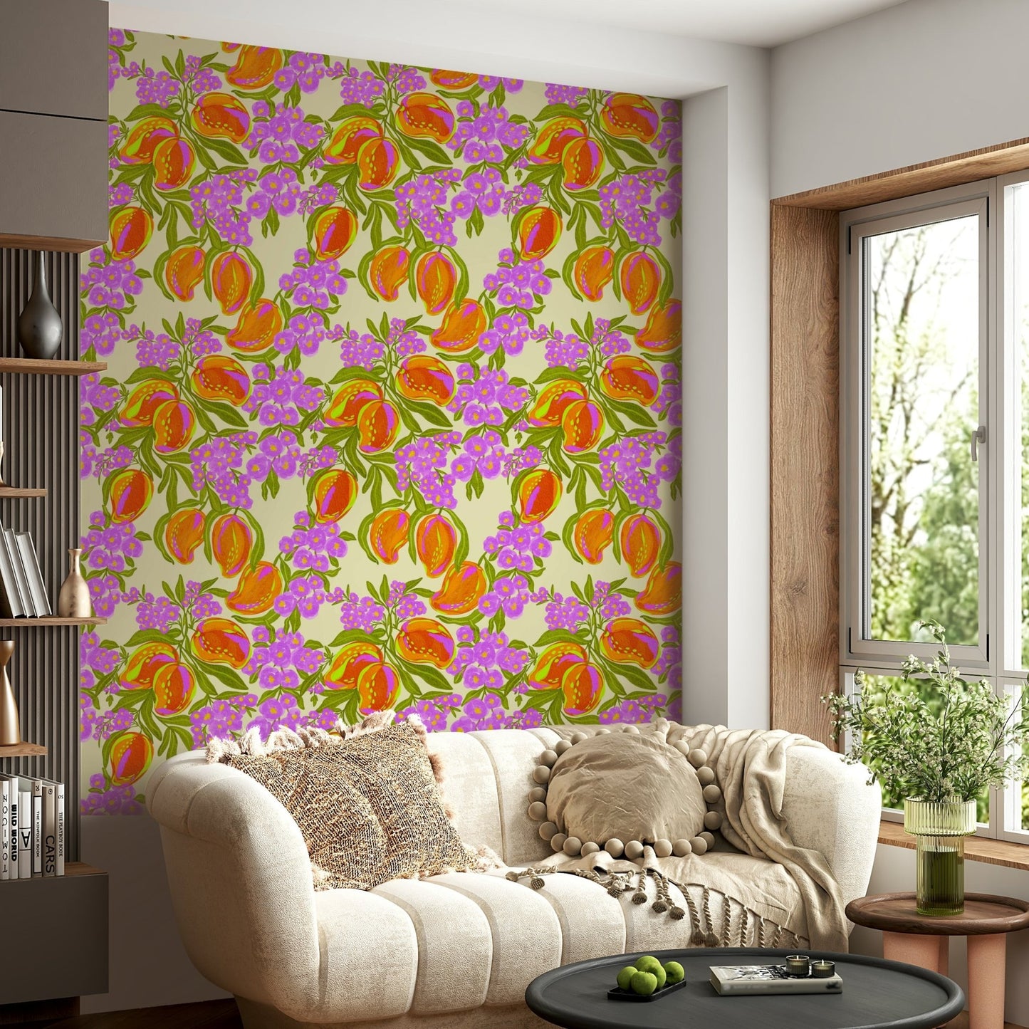 The colors are soft, muted tones of yellow, orange, red, and green.

