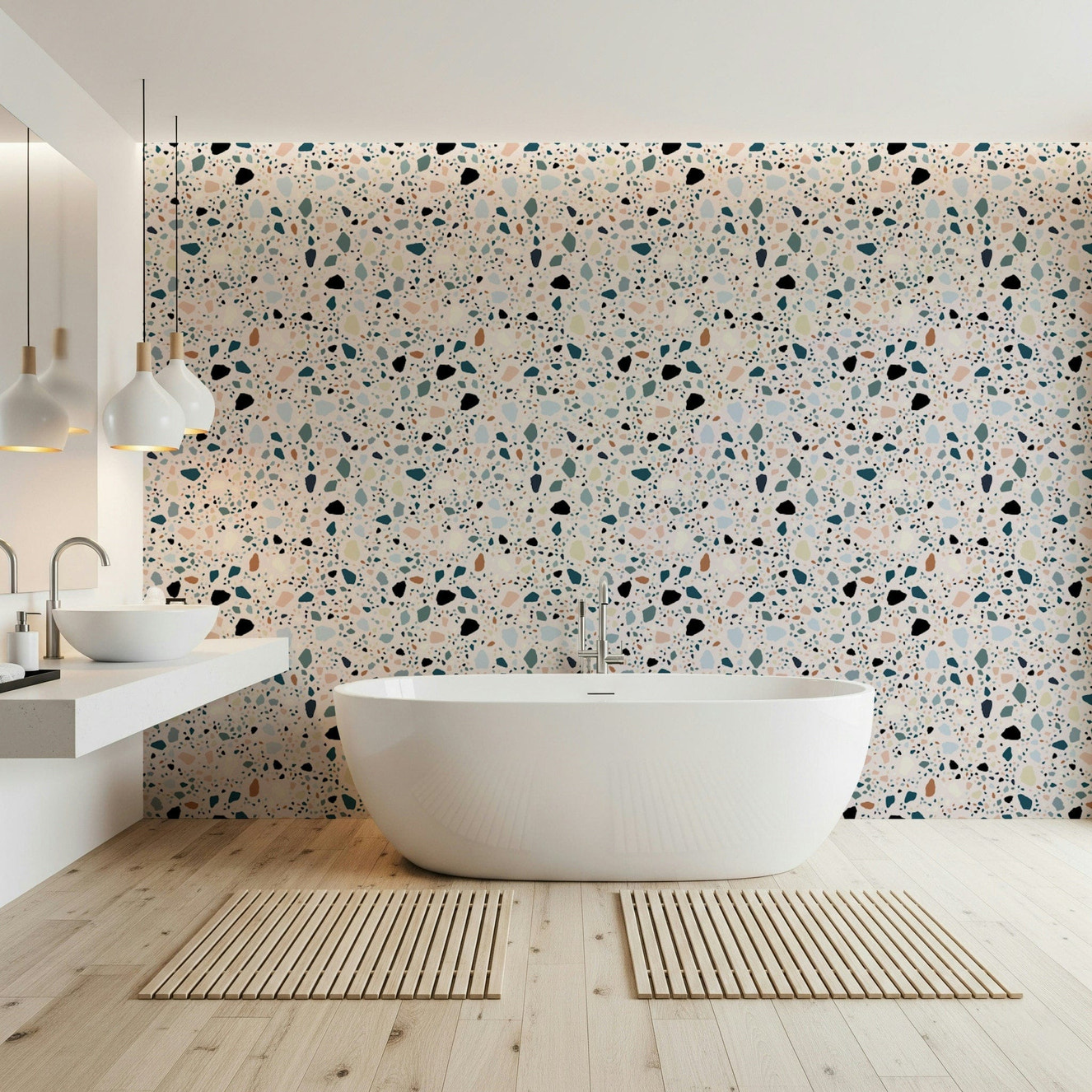 Stylish Vibrant abstract Terrazzo wallpaper assorted hues.