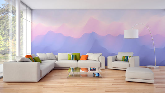 Pink & Purple Ombre wallpaper mural shown as a full feature wall that highlights the design