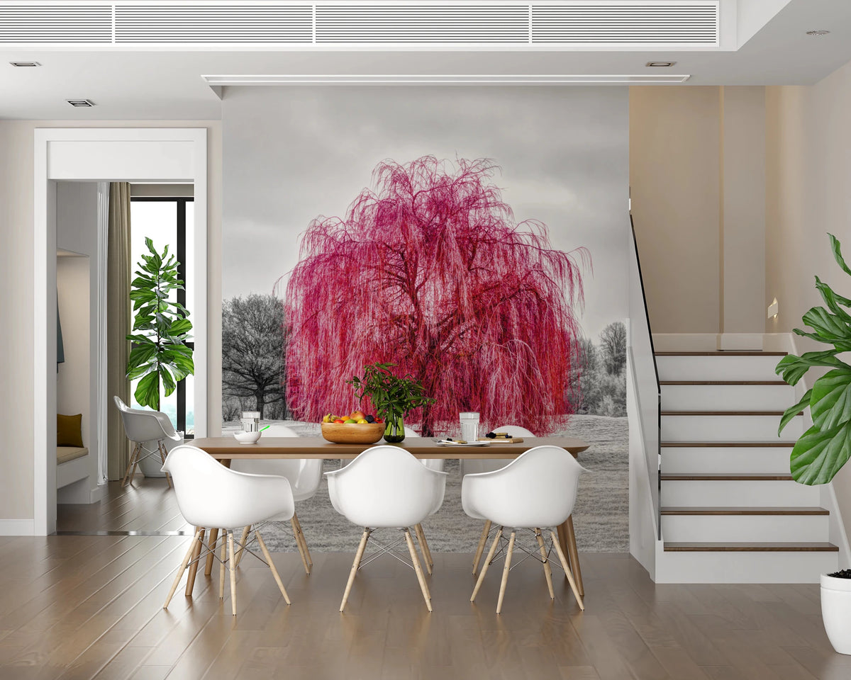 Vibrant Pink Willow wall mural with a magenta tree on grey winter scene above a dining table