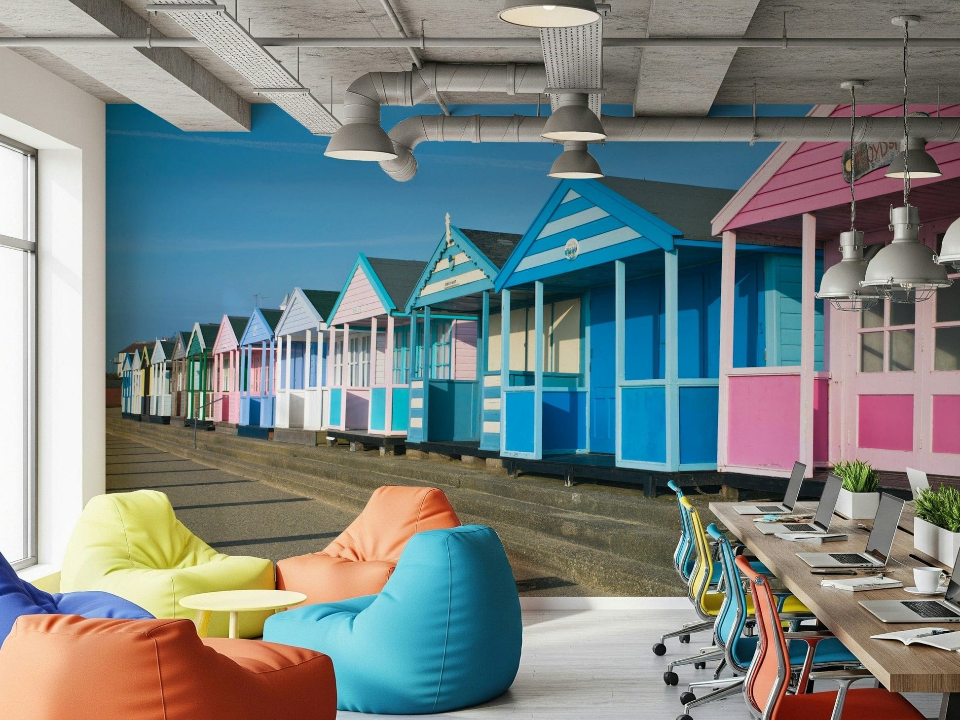 Beach promenade wall mural with cabins