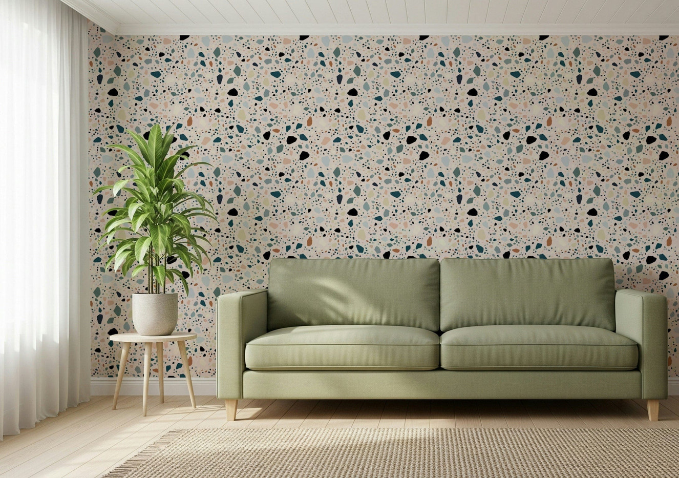 Playful speckled Vibrant Terrazzo wallpaper pastel pink base.