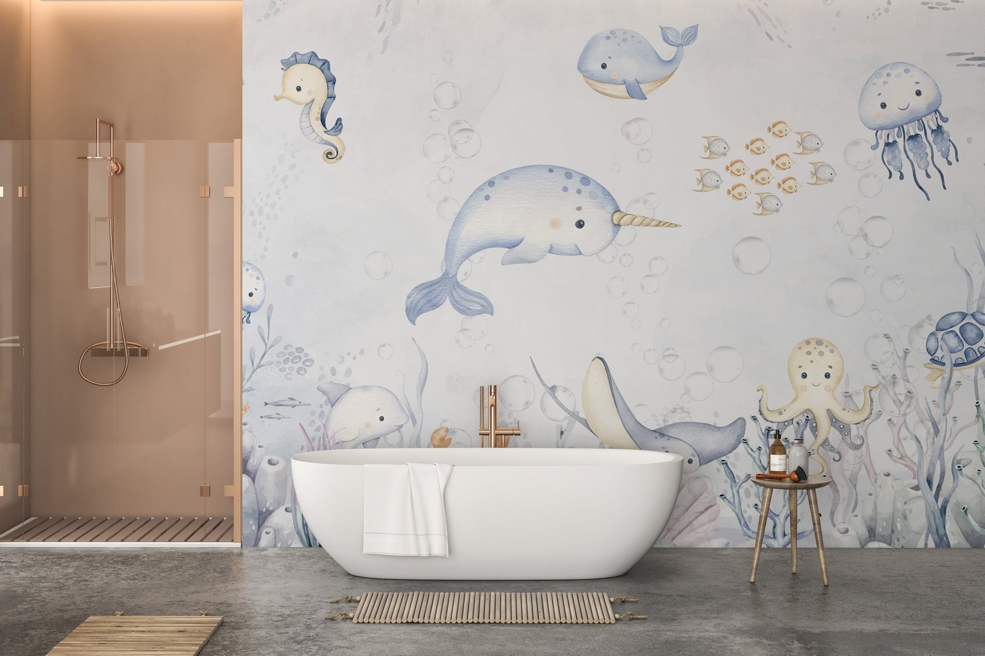 Whale and school of fish in kids room fish wallpaper

