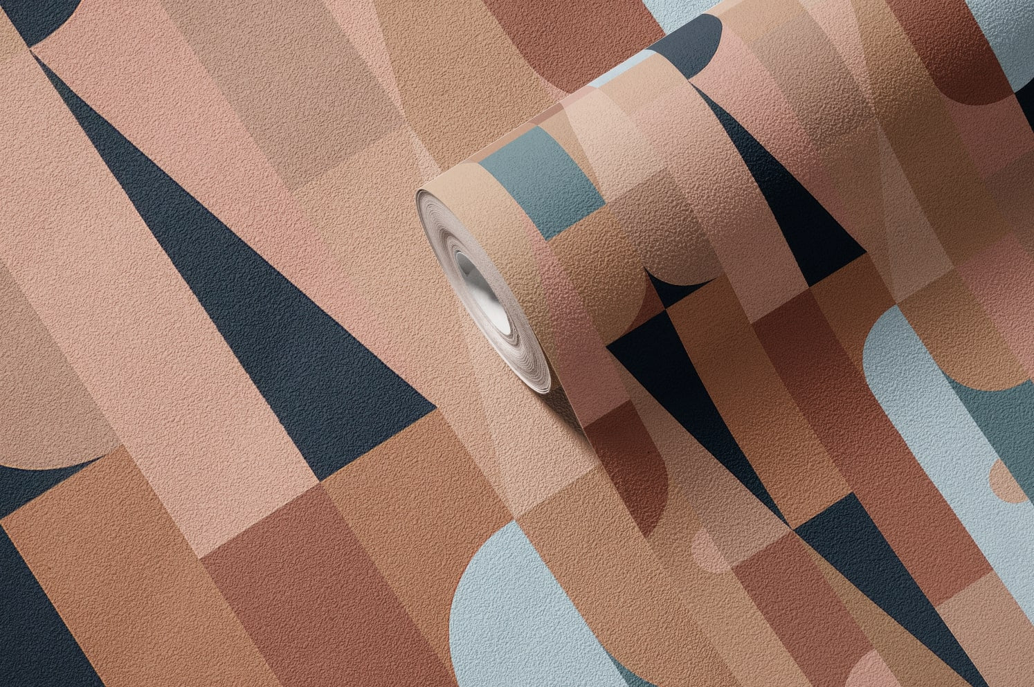 Prisma Green Gouache wall mural close-up showing the geometric pattern in terracotta, navy and pale-blue tones